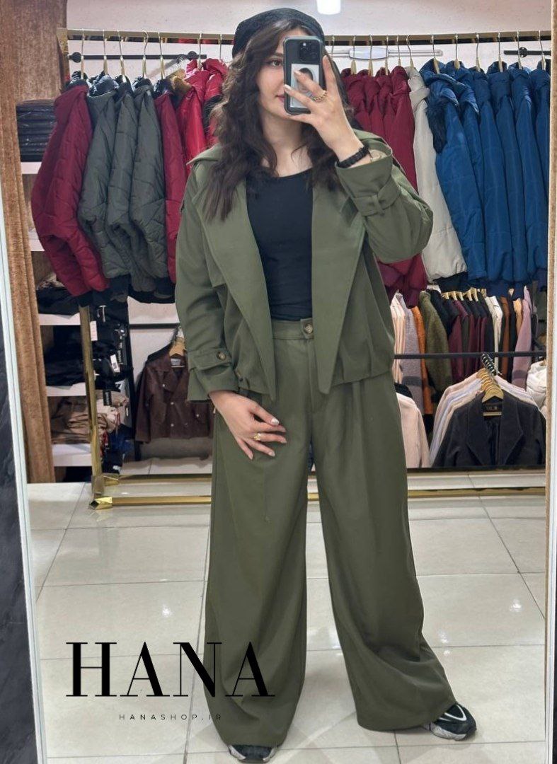 ست زنانه بارونی ضدآب زیتونی مدل آلما فری سایز ۳۶ تا ۴۴