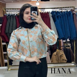 کراپ ژاکارد پاییزی زنانه مدل روژین با پارچه وارداتی و طرح آبی نارنجی