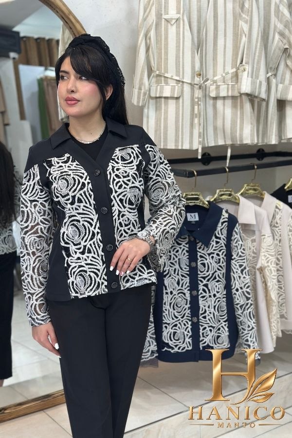 کت مجلسی زنانه دانتل دوزی مدل کاملیا رنگ مشکی هانا شاپ